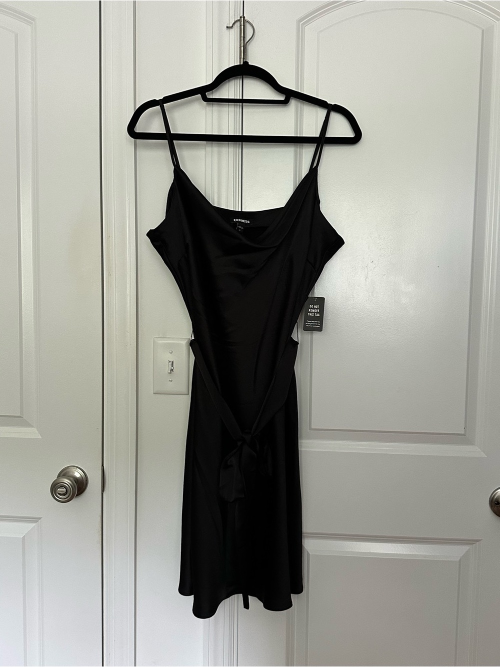 Express Black Satin Slip Mini Dress with Tie Waist